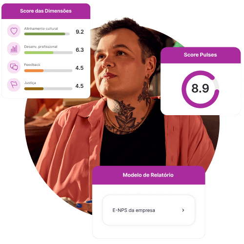 Pessoa experienciando a ferramenta de Clima & Engajamento com as interfaces da ferramenta mostrando alguns indicadores.