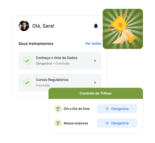 Imagens demonstrando a interface do Gupy Educação Corporativa, como listagem de treinamentos e controle de trilhas.