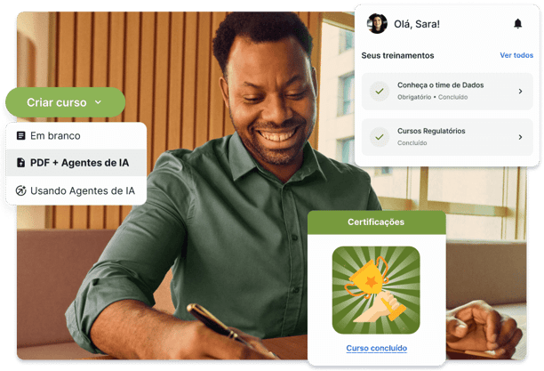 Homem trabalhando em sua mesa com telas em volta ilustrando a experiencia de uso do Gupy Educação Corporativa.