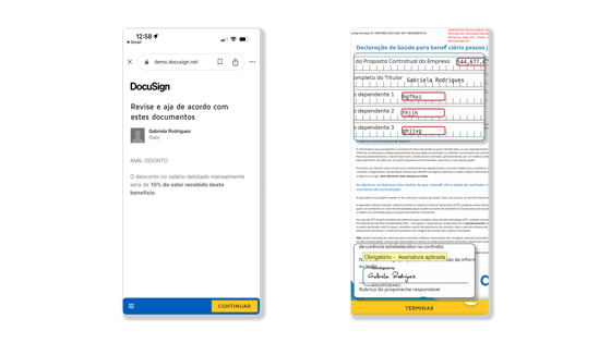 Tela de assinatura de contrato para o usuário com Docusing